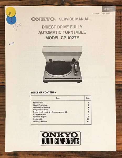 Onkyo CP-1027F Record Player / Turntable  Service Manual *Original*
