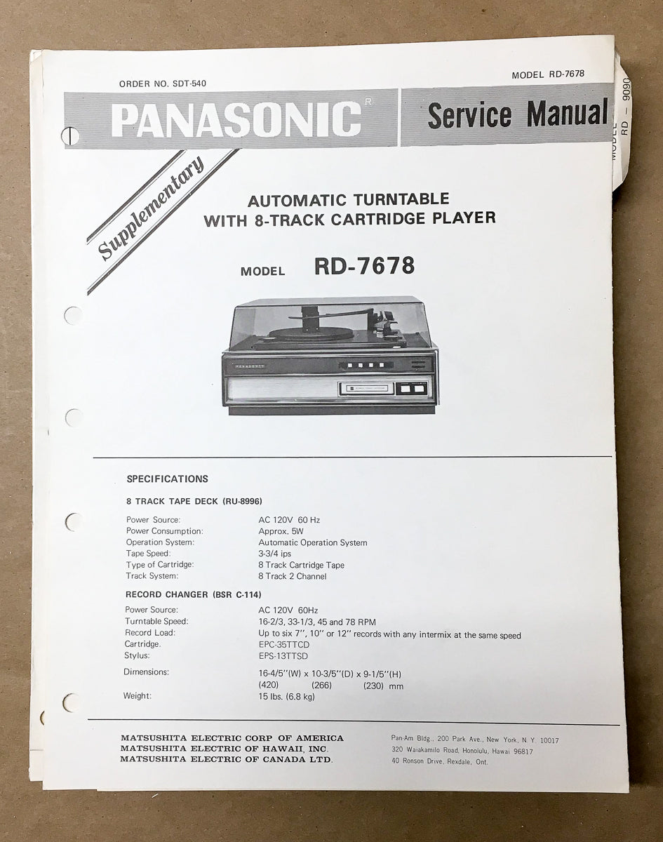 Panasonic RD-7678 Record Player / Turntable Supplementary Service Manual *Orig*