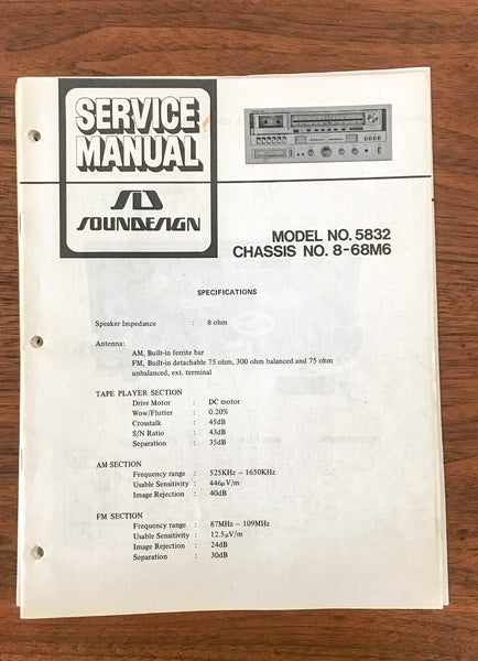 SoundDesign Sound Design Model 5832 8-68M6 Stereo Service Manual *Original*