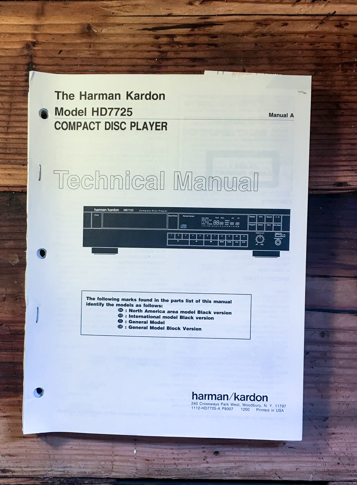 HK Harman Kardon HD7725 HD-7725 CD Player Service Manual *Original*