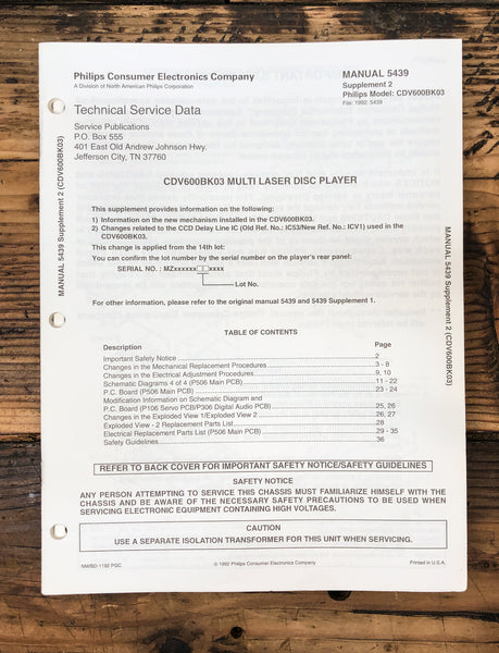 Philips CDV600 CDV-600 CD Player Supp. Service Manual *Original*