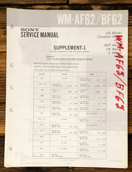 Sony WM-AF62 WM-BF62  Supp. Service Manual *Original*