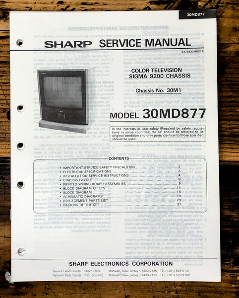 Sharp 30MD877 TV / Television Service Manual *Original*