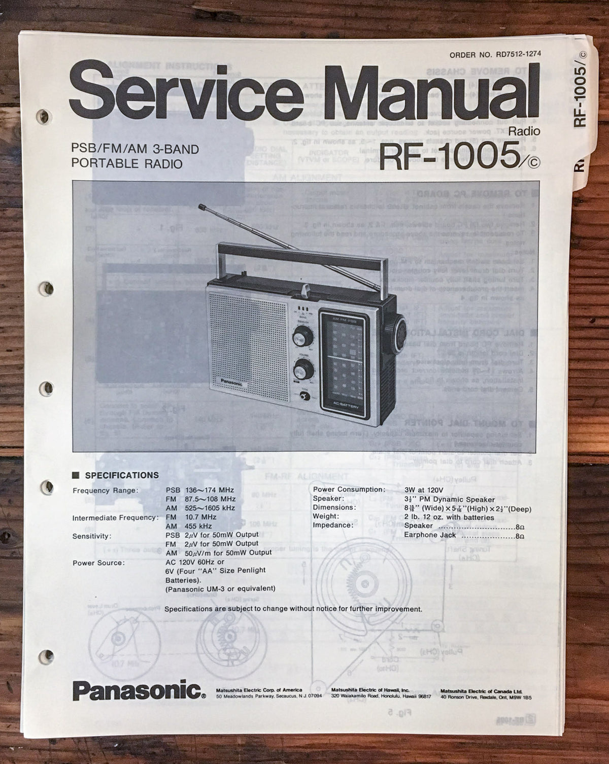 Panasonic RF-1005 Radio  Service Manual *Original*