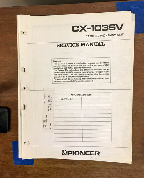 Pioneer CX-103SV Cassette  Service Manual *Original*