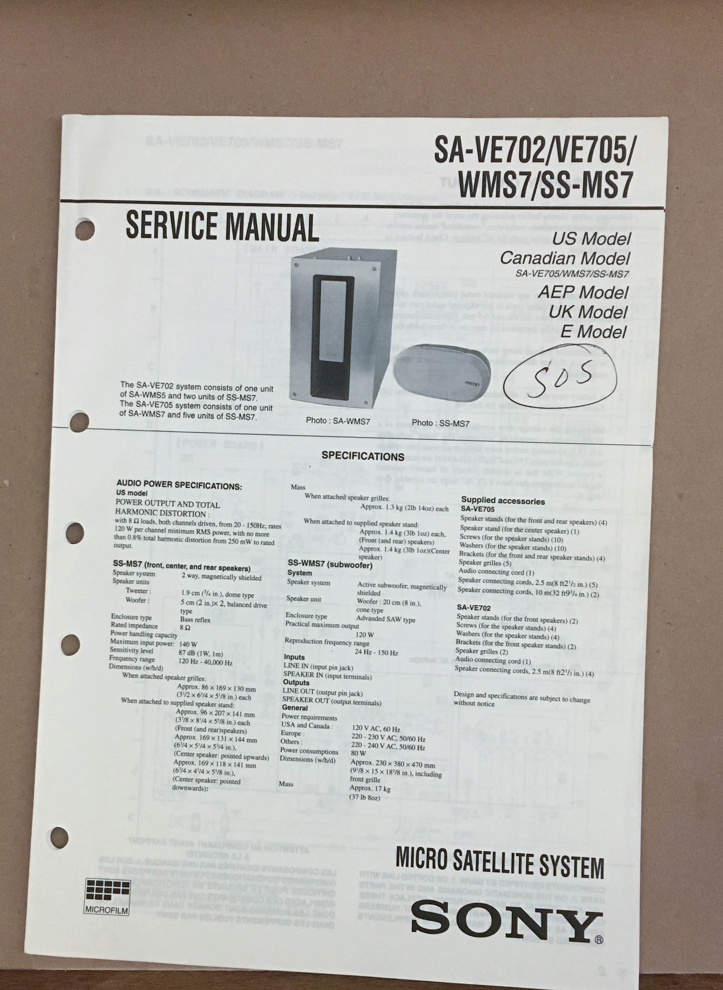 Sony  SA-VE702 VE705 WMS7 SS-MS7   Service Manual *Original*