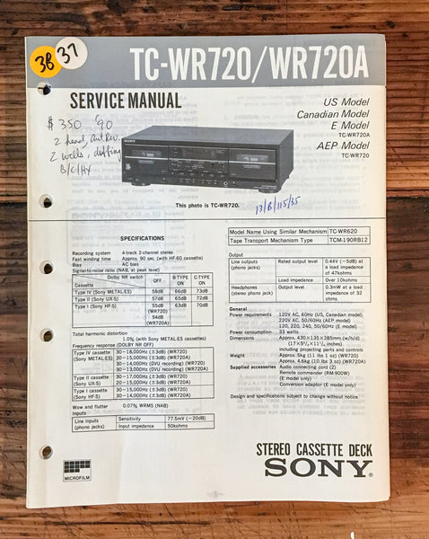 Sony TC-WR720 TC-WR720A Cassette Deck  Service Manual *Original*