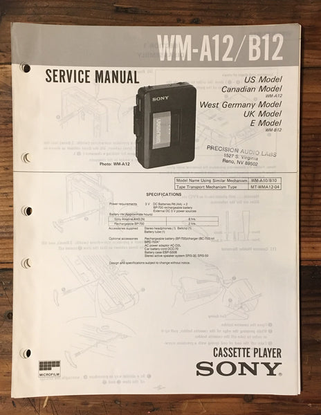 Sony WM-A12 WM-B12 Cassette Service Manual *Original*