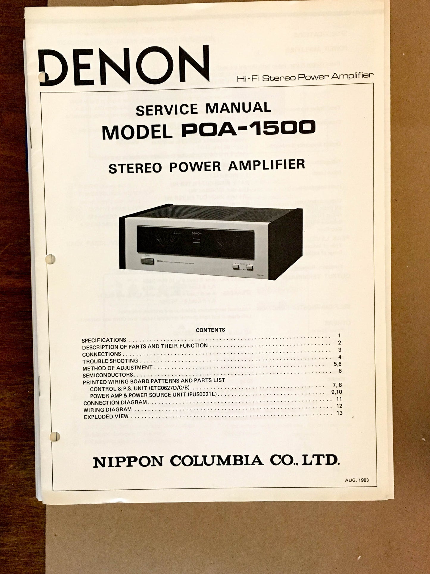 Denon POA-1500 Amplifier  Service Manual *Original*