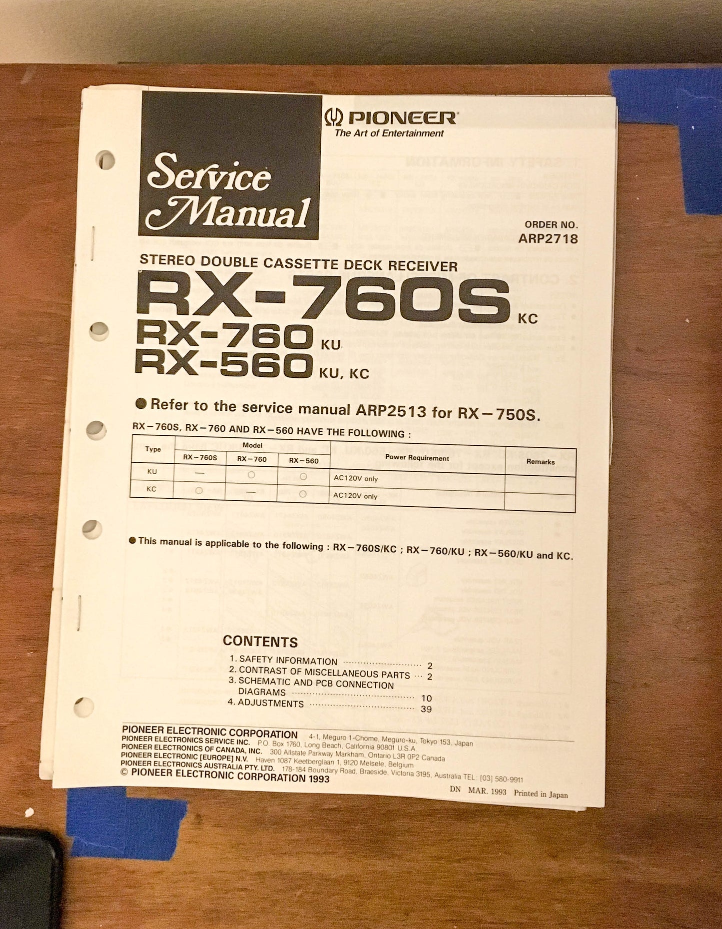 Pioneer RX-760S RX-760 RX-560 Cassette Receiver Service Manual *Original*