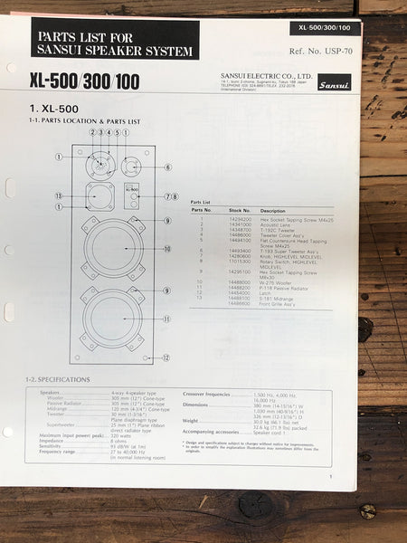 Sansui XL-100 -300 -500 Speaker  Parts List Manual *Original*