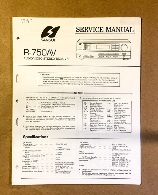 Sansui  R-750AV 750 AV Receiver Service Manual *Original*