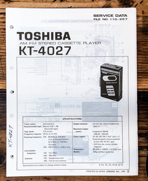Toshiba KT-4027 Cassette Player Service Manual *Original*
