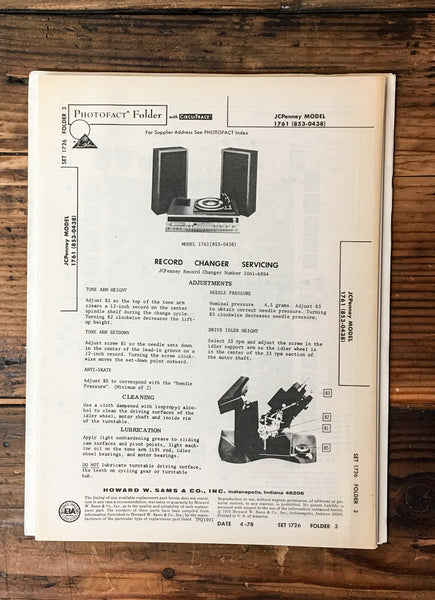 JC Penny Model 1761 853-0438 Record Changer Sams Photofact Service Manual *Orig*