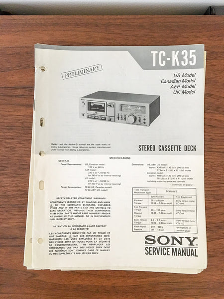 Sony TC-K35 Cassette PRELIMINARY Service Manual *Original*