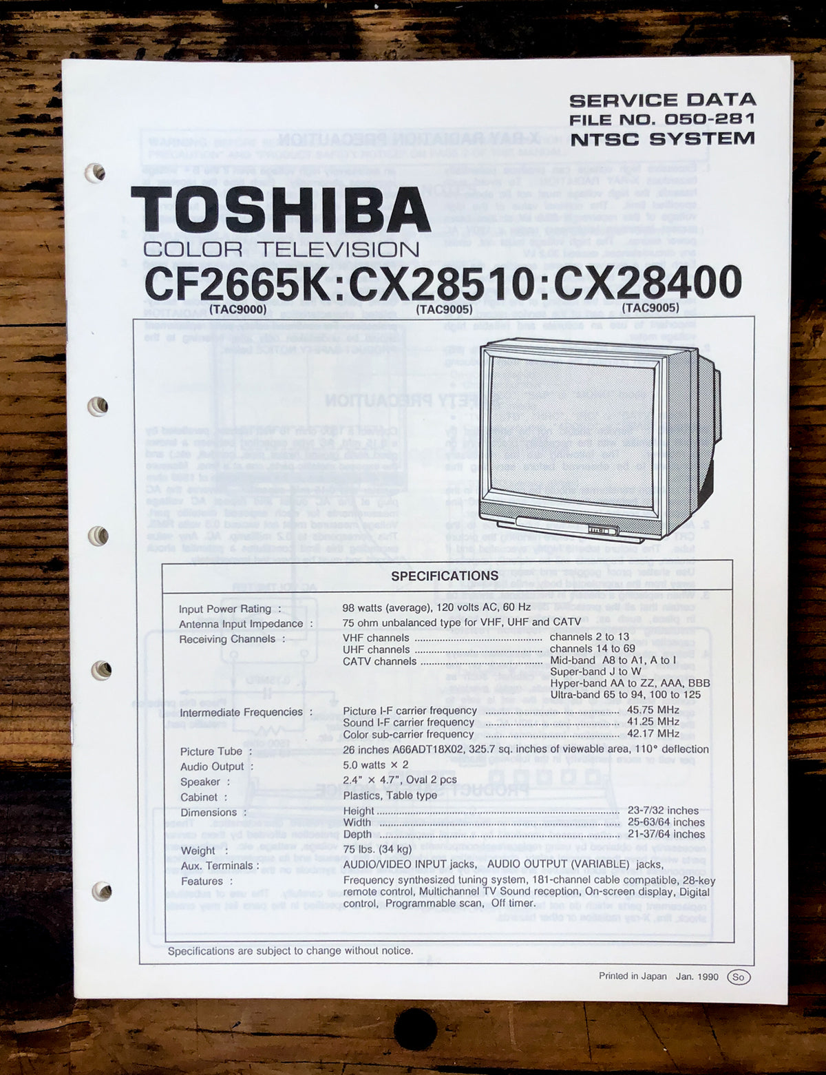 Toshiba CF2665K CX28510 CX28400 TV  Service Manual *Original*