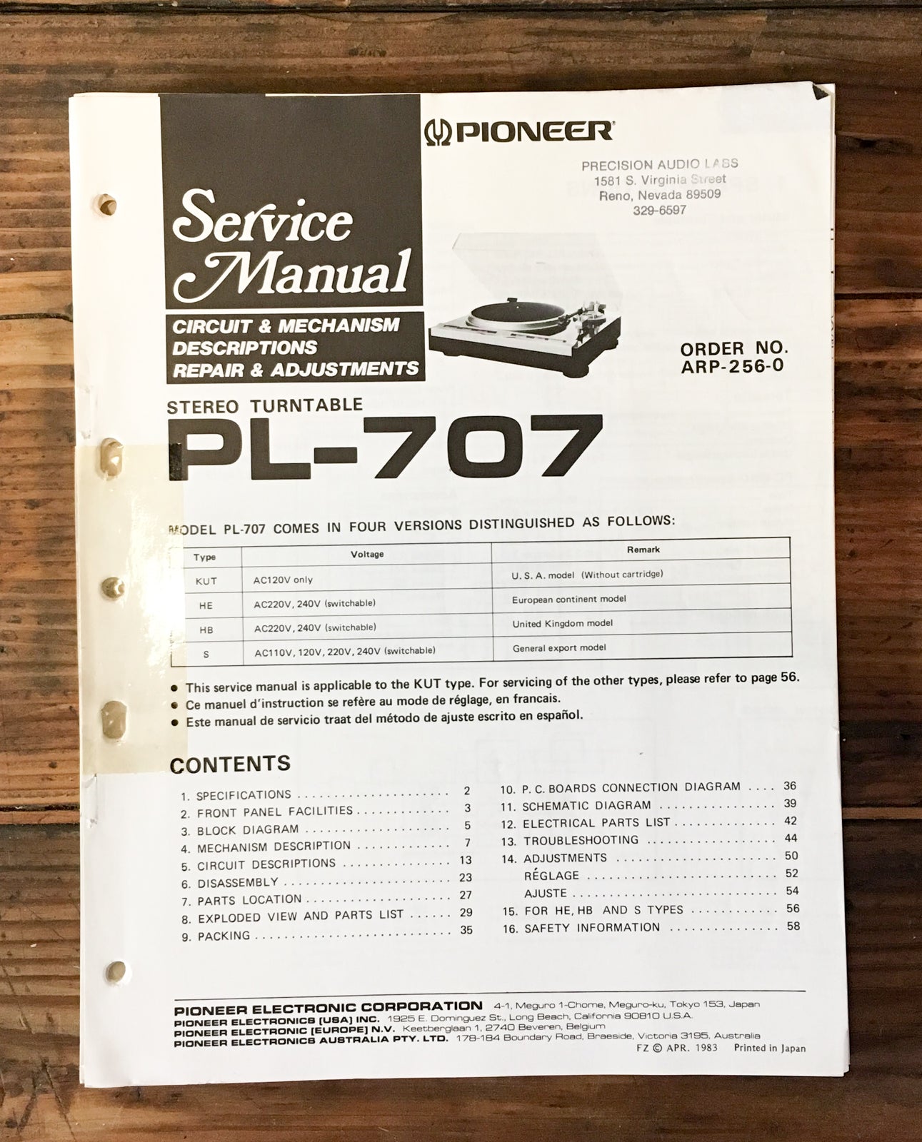 Pioneer PL-707 Record Player / Turntable Service Manual *Original*