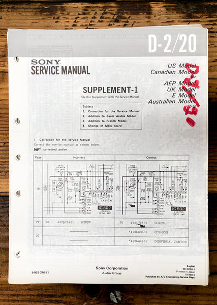 Sony D-2 D-20 CD Player / Discman Supp. Service Manual *Original*