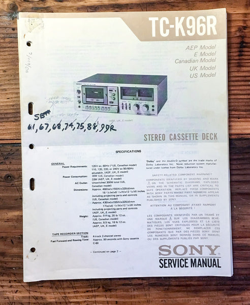 Sony TC-K96R Cassette Deck  Service Manual *Original*