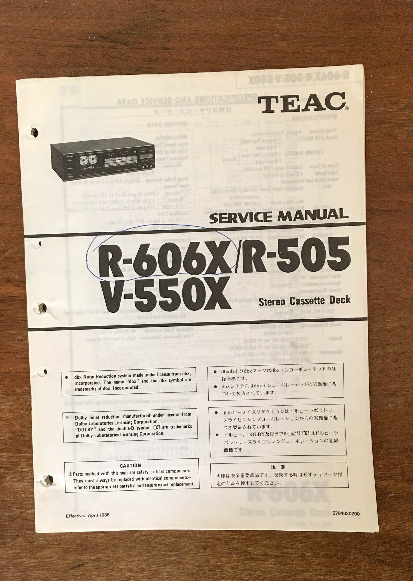 Teac R-606X R-505 V-550X Cassette Tape Deck  Service Manual *Original* #1