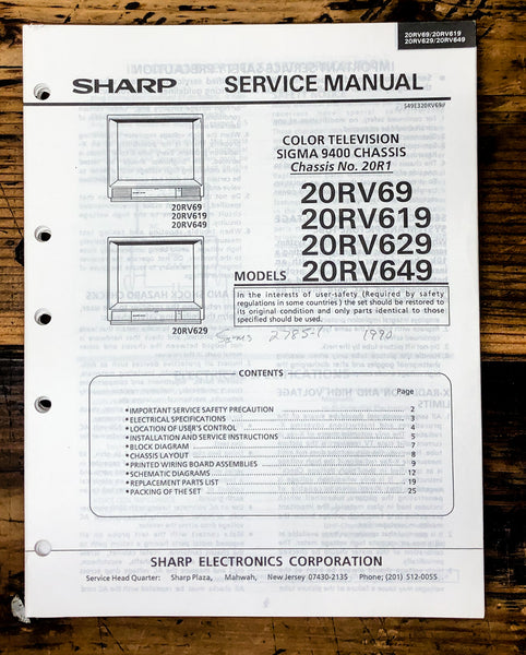 Sharp 20RV69 20RV619 20RV629 20RV649 TV / Television Service Manual *Original*