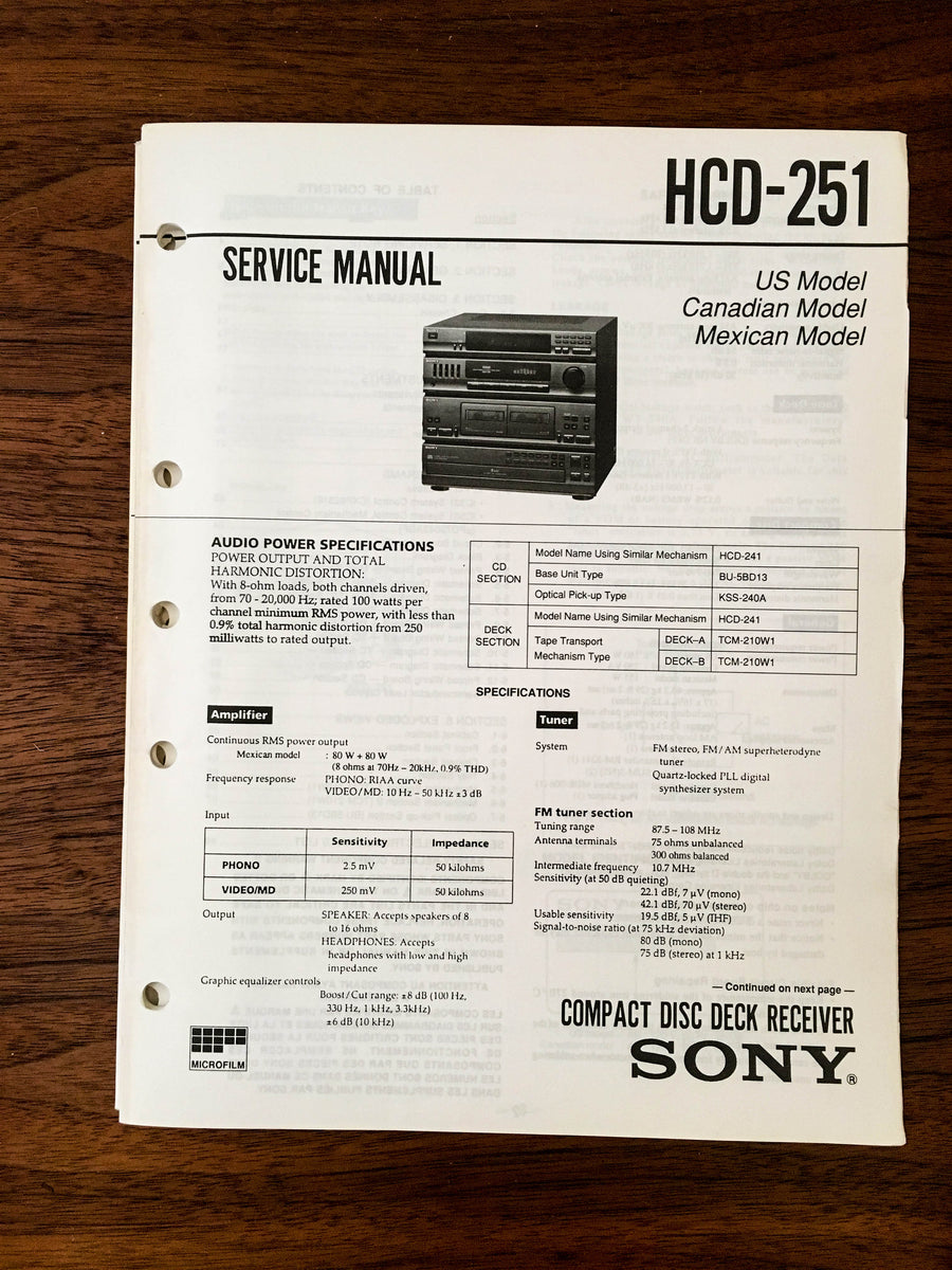 Sony HCD-251 CD Receiver Service Manual *Original* – Vintage Audio ...