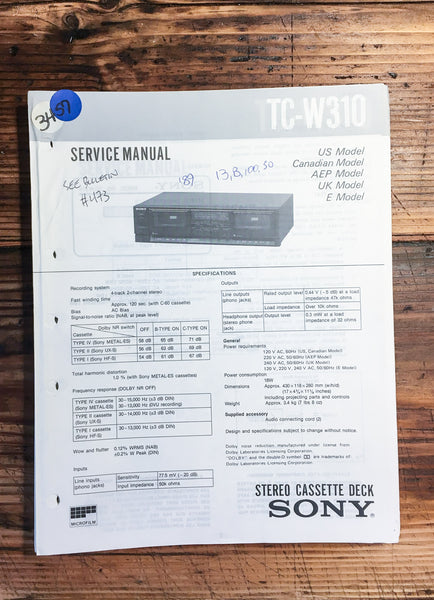 Sony TC-W310 Cassette Deck  Service Manual *Original*