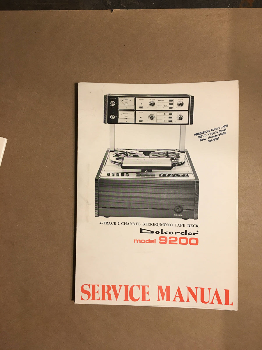 Dokorder Model 9200 Reel to Reel  Service Manual *Original*