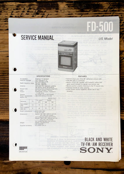 Sony FD-500 Watchman TV  Service Manual *Original*