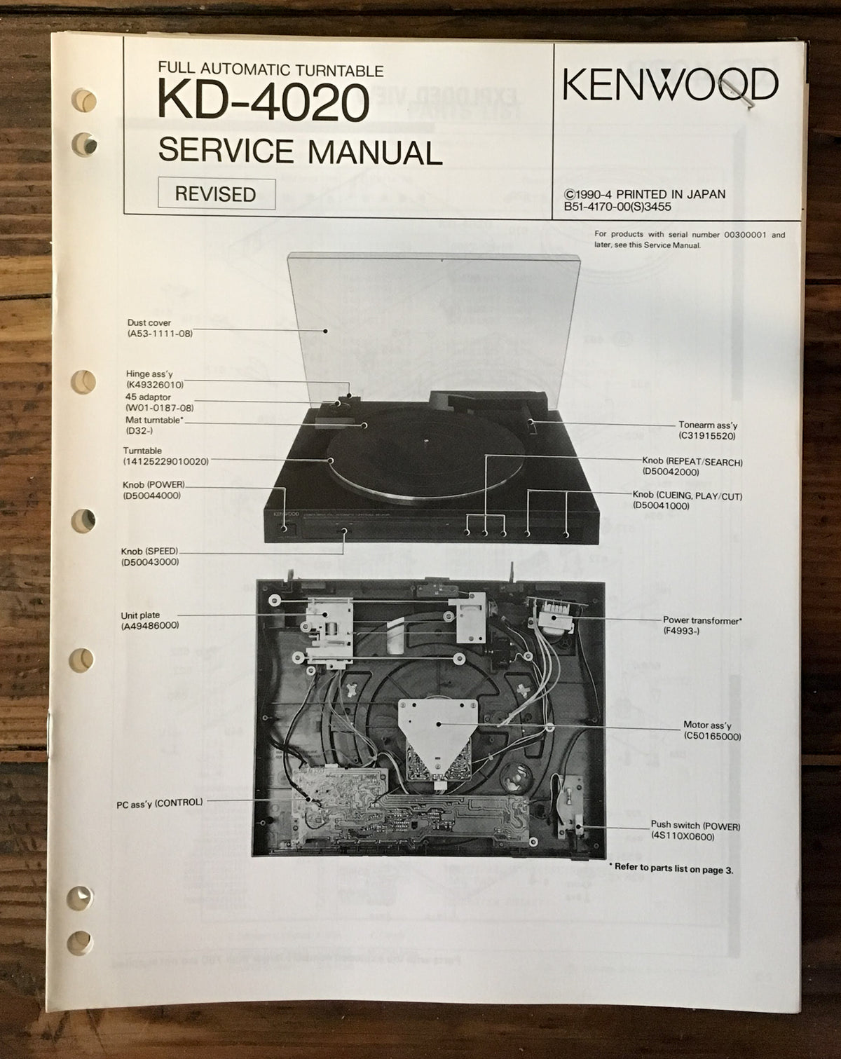 Kenwood KD-4020 Record Player / Turntable Revised Service Manual *Original*
