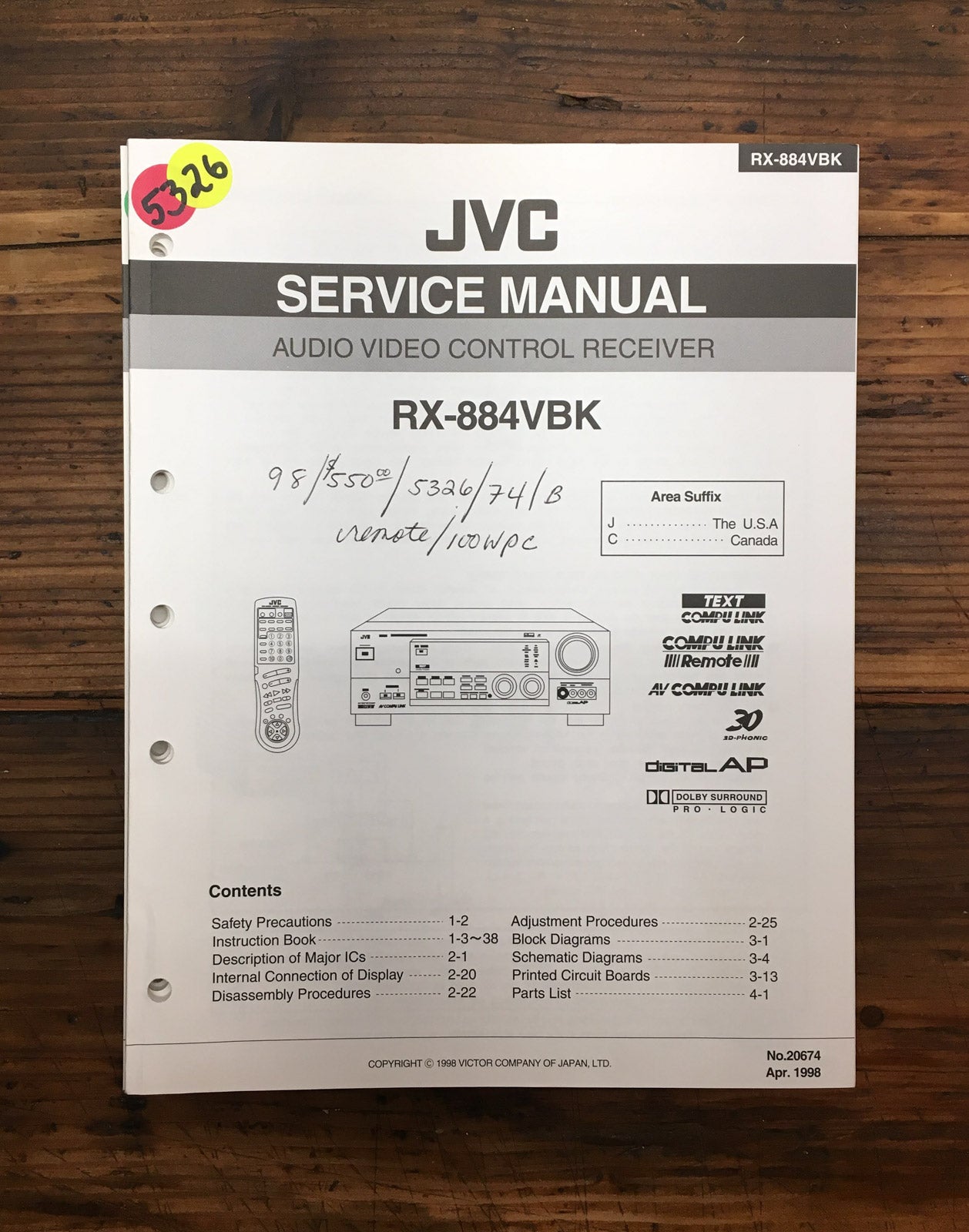 JVC RX-884 RX-884VBK Receiver  Service Manual *Original*
