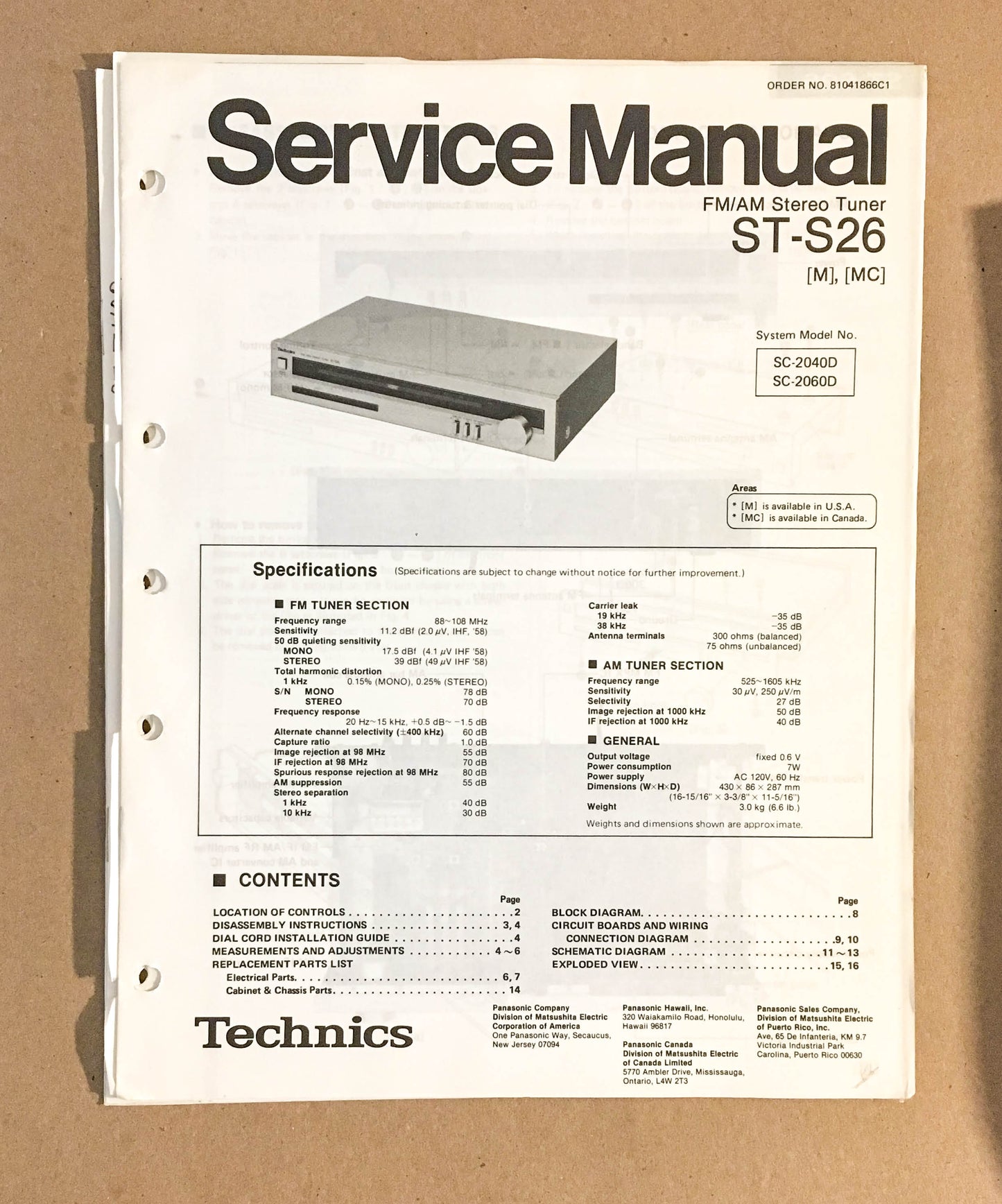 TECHNICS ST-S26 TUNER  Service Manual *Original*