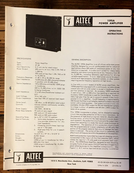 Altec Model 1595A Amplifier Owner / Operating Manual *Original*