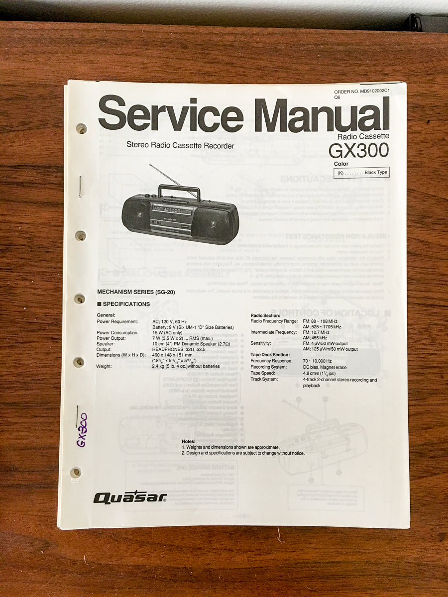 Quasar / Technics GX300 GX-300 Radio Cassette Service Manual *Original*
