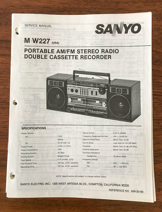 Sanyo M W227 Boombox / Radio Cassette Service Manual *Original*