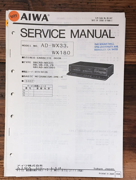 Aiwa AD-WX33 AD-WX180 Cassette   Service Manual *Original*