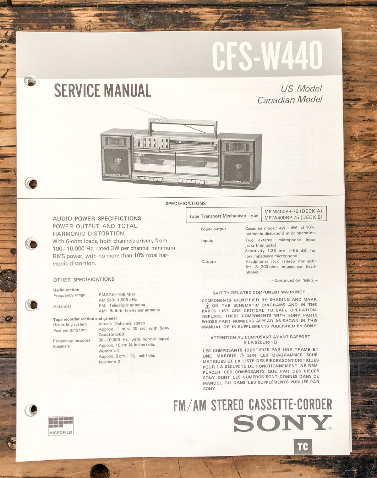 Sony CFS-W440 Radio / Boombox  Service Manual *Original*