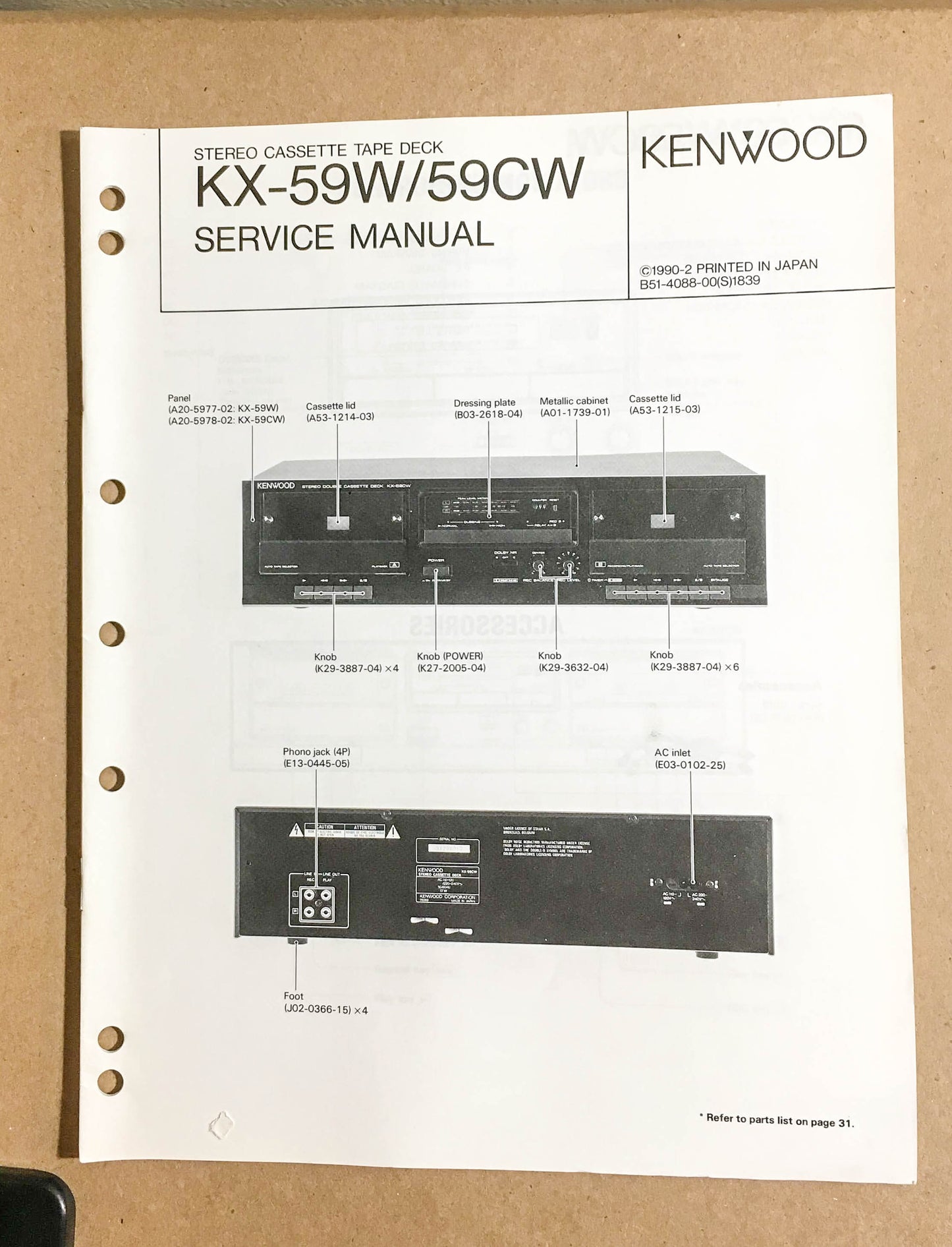 Kenwood KX-59W KX-59CW Cassette Tape Deck  Service Manual *Original*