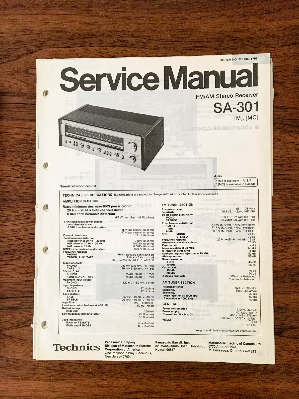 Technics SA-301 Receiver Service Manual *Original*