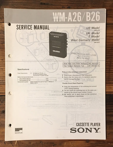 Sony WM-A26 WM-B26 Cassette Service Manual *Original*