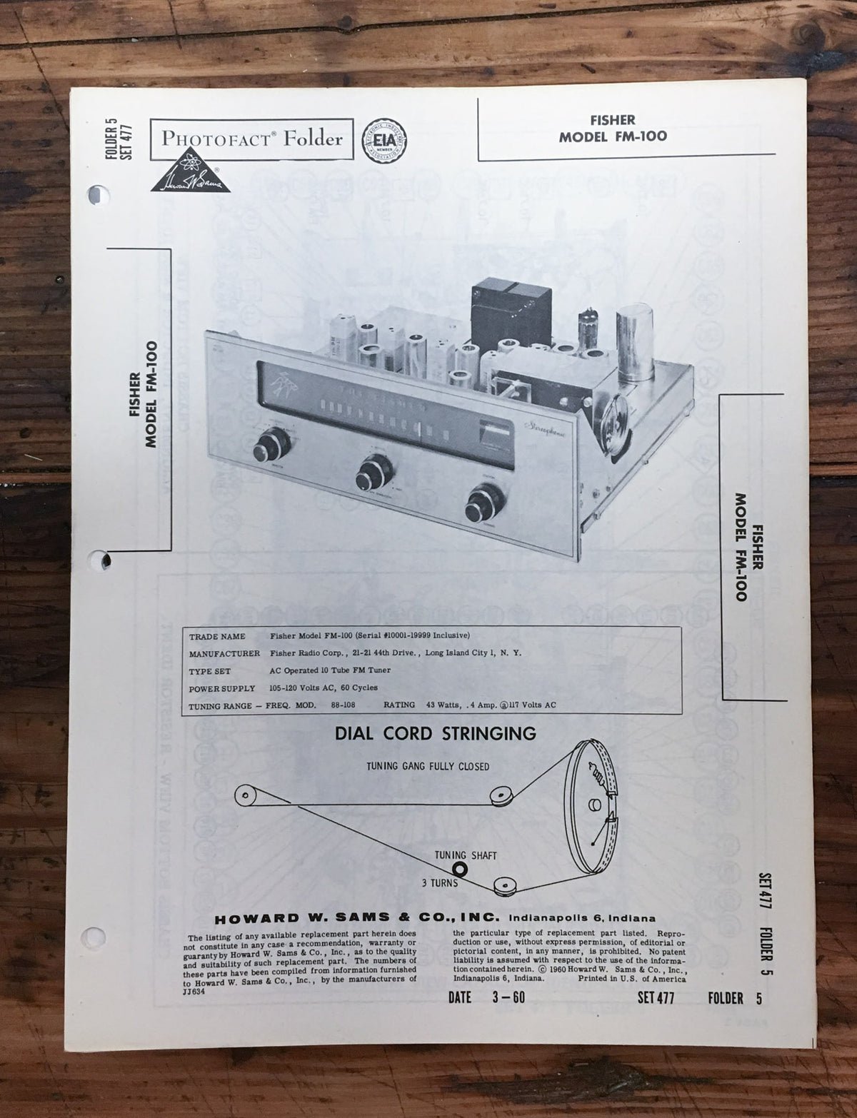 Fisher Model FM-100 Tuner  Service Manual *Original*