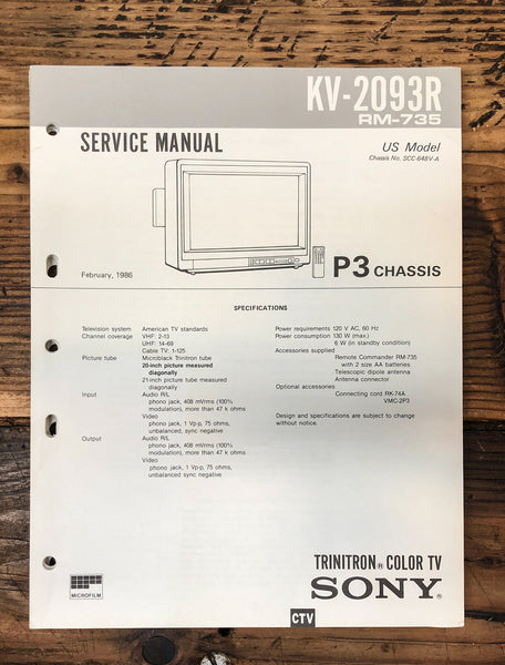 Sony KV-2093R TV  Service Manual *Original*