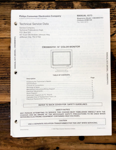 Magnavox CM2080GY01 Monitor  Service Manual *Original*