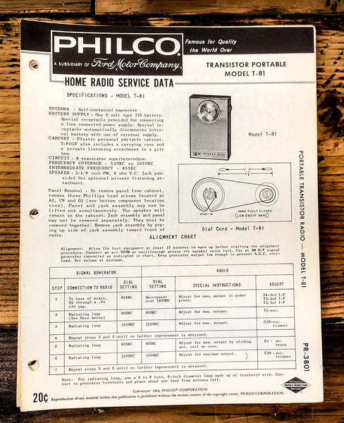 Philco Ford T-81 T81 Radio Service Manual *Original*
