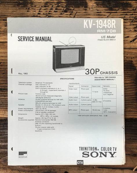 Sony KV-1948R TV  Service Manual *Original*