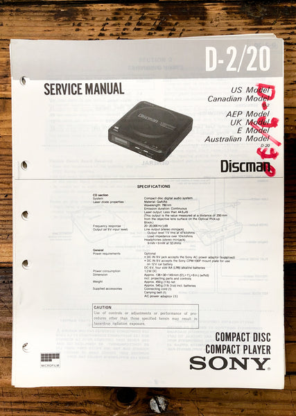 Sony D-2 D-20 CD Player / Discman  Service Manual *Original*