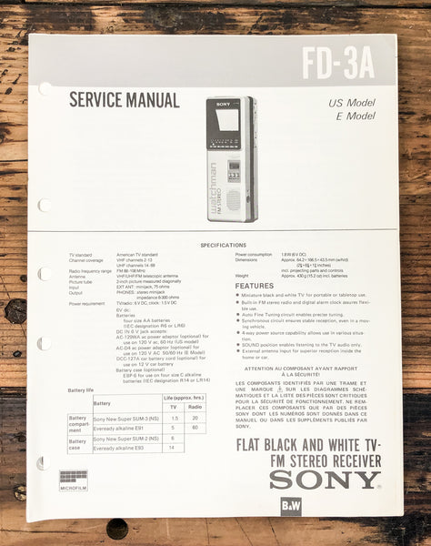 Sony FD-3A TV  Service Manual *Original*