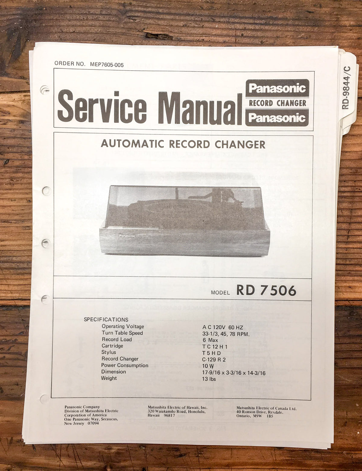 Panasonic RD-7506 Record Player  Service Manual *Original*