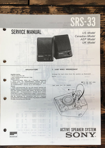 Sony SRS-33 Speaker  Service Manual *Original*