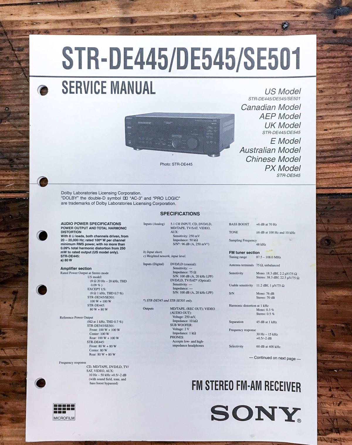 Sony STR-DE445 STR-DE545 STR-SE501 Receiver  Service Manual *Original*